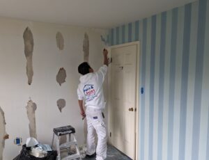 Painter removing wallpaper
